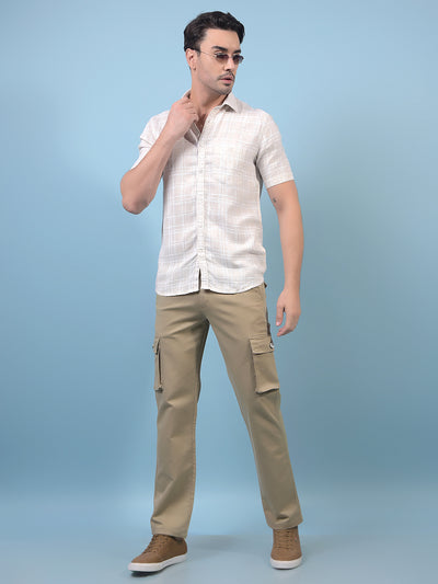 Men's Beige Checked Linen Shirt-Men Shirts-Crimsoune Club