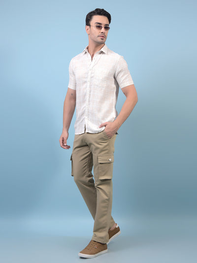Men's Beige Checked Linen Shirt-Men Shirts-Crimsoune Club