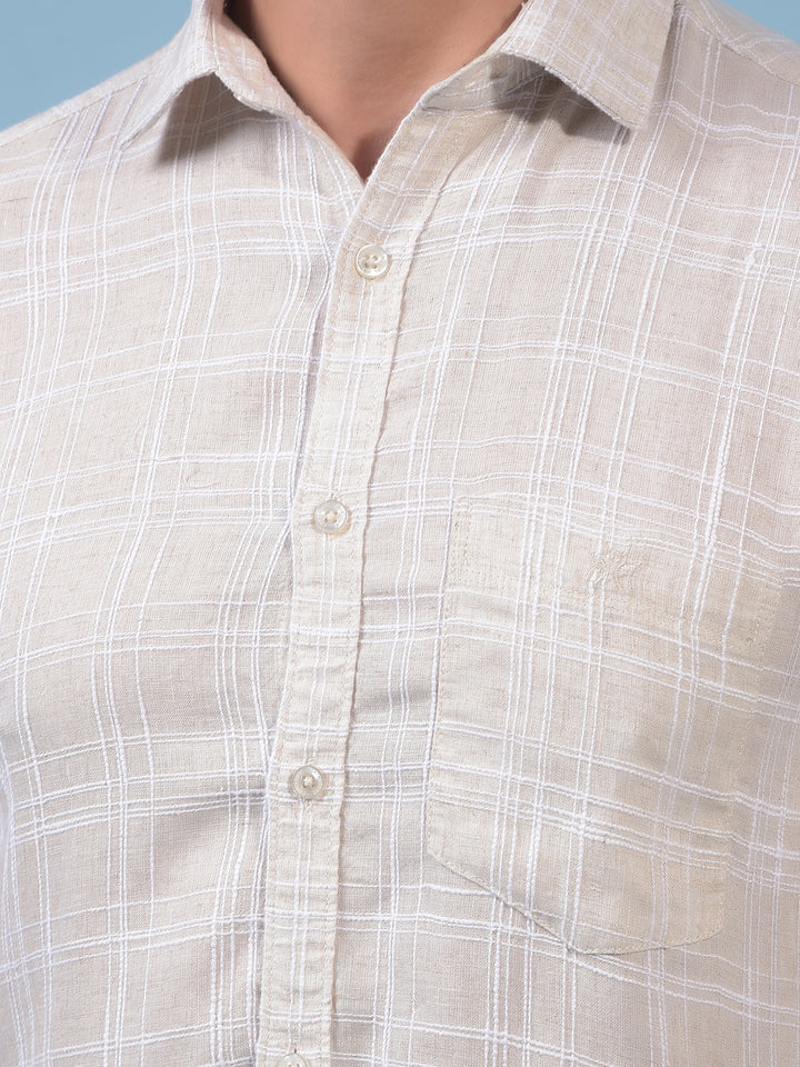 Men's Beige Checked Linen Shirt-Men Shirts-Crimsoune Club