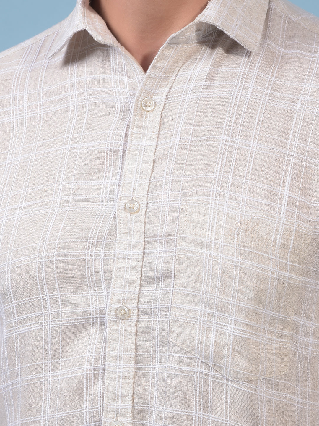 Men's Beige Checked Linen Shirt-Men Shirts-Crimsoune Club