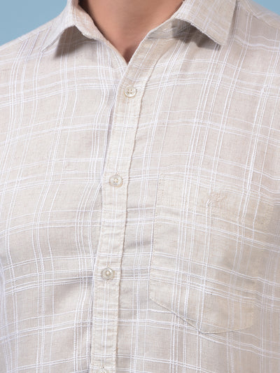 Men's Beige Checked Linen Shirt-Men Shirts-Crimsoune Club