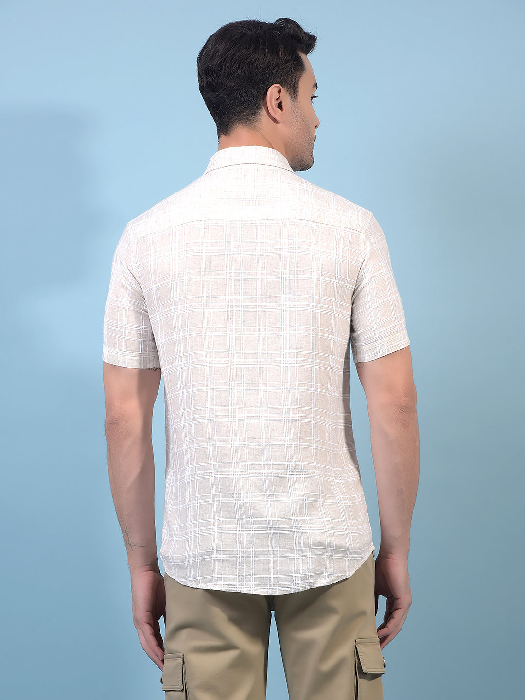 Men's Beige Checked Linen Shirt-Men Shirts-Crimsoune Club