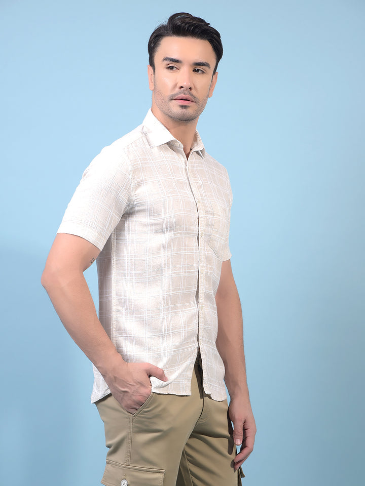 Men's Beige Checked Linen Shirt-Men Shirts-Crimsoune Club