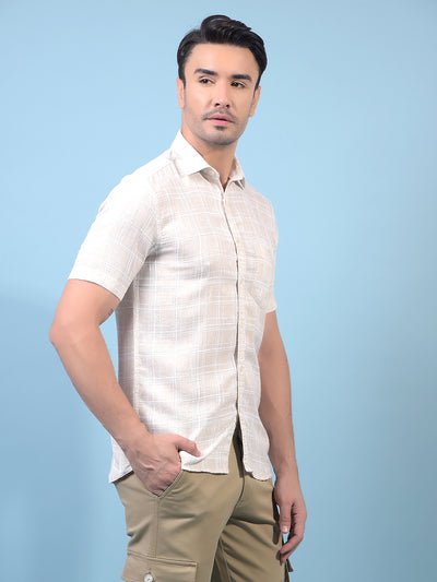 Men's Beige Checked Linen Shirt-Men Shirts-Crimsoune Club
