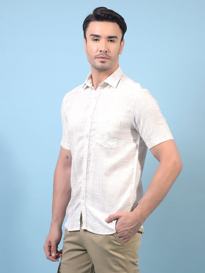 Men's Beige Checked Linen Shirt-Men Shirts-Crimsoune Club