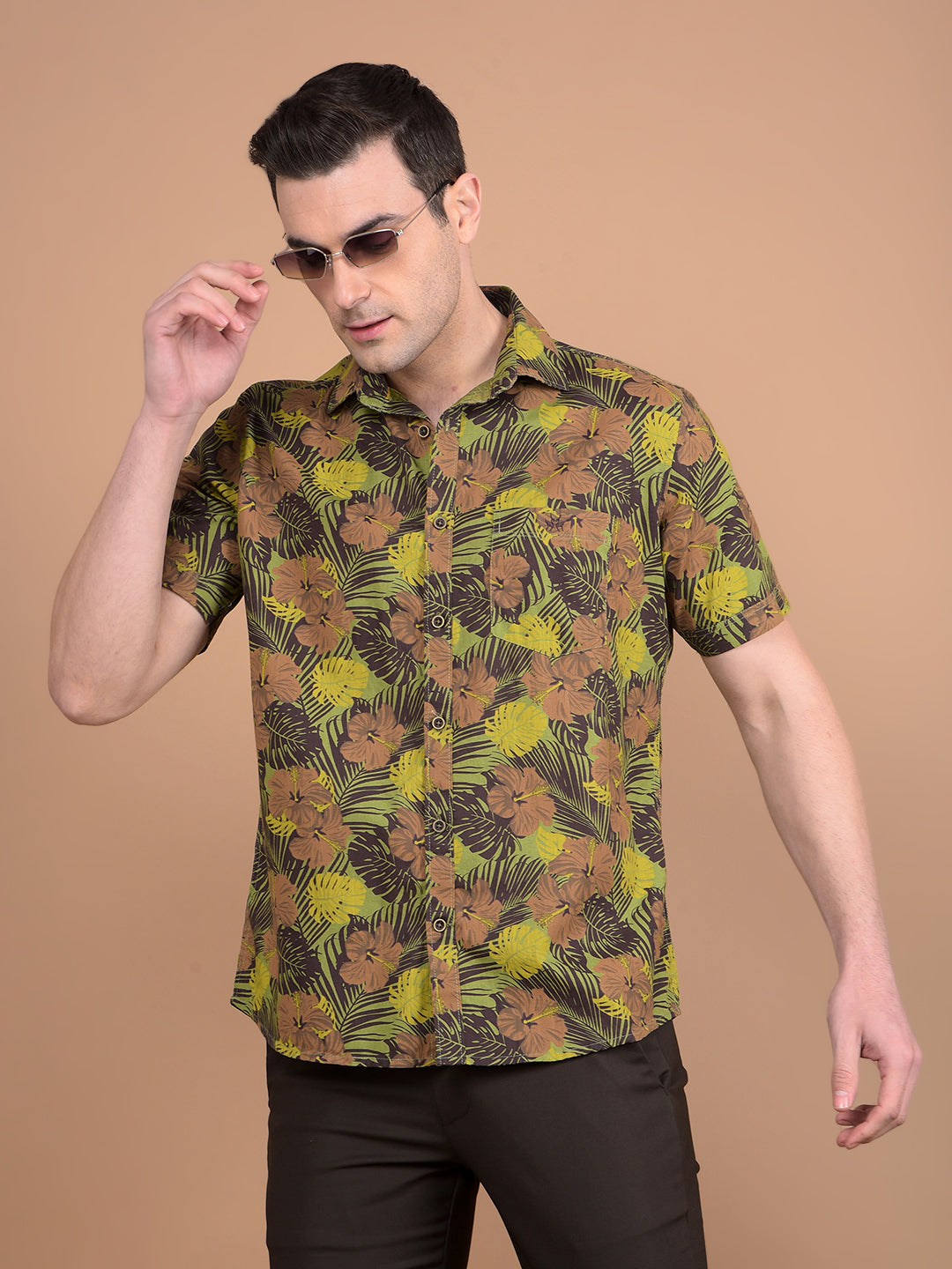 Green Floral Print 100% Cotton Shirt-Men Shirts-Crimsoune Club