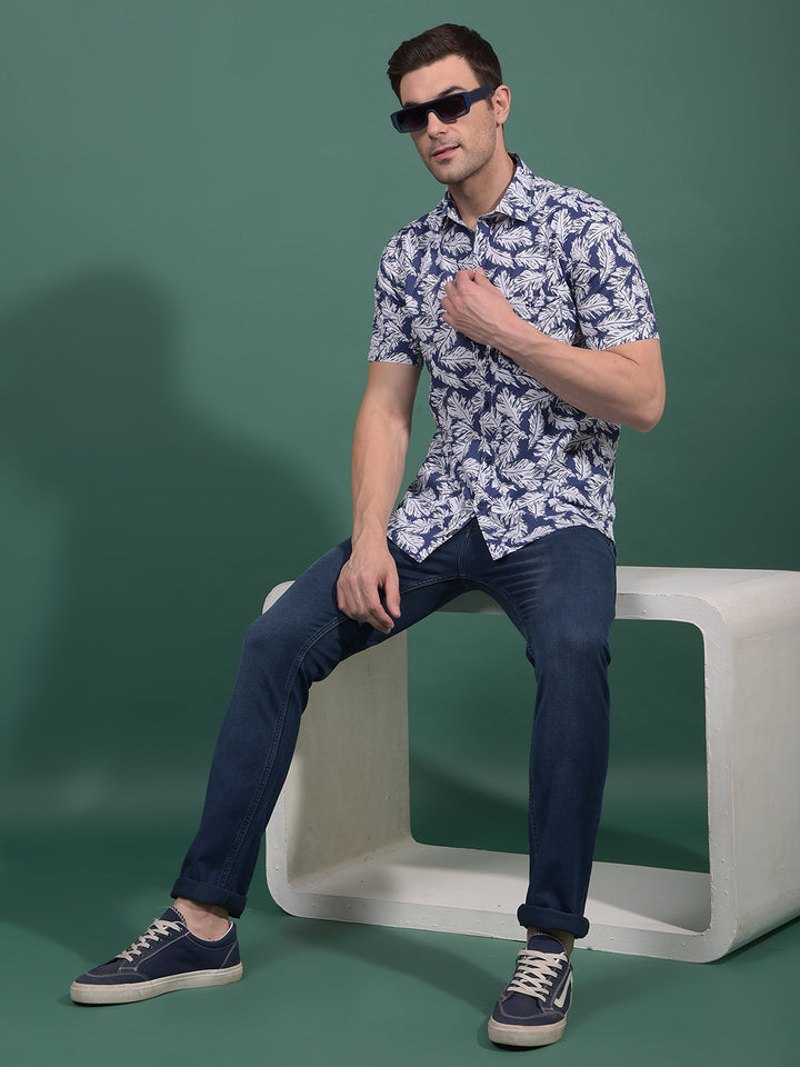 Blue Floral Print 100% Cotton Shirt-Men Shirts-Crimsoune Club