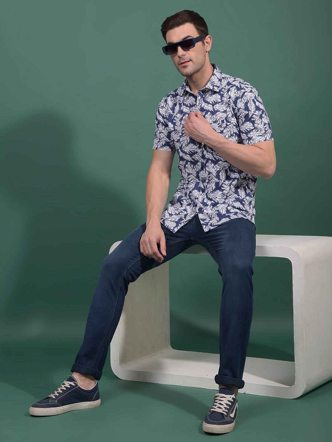Blue Floral Print 100% Cotton Shirt-Men Shirts-Crimsoune Club
