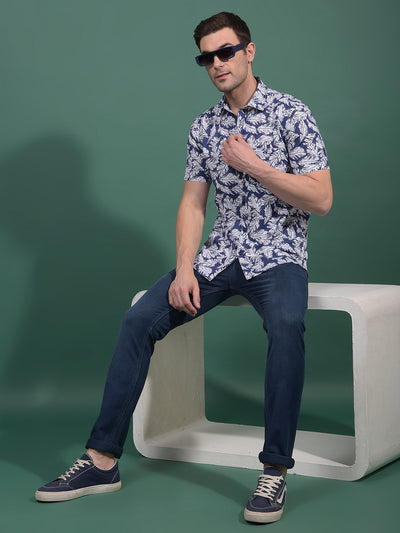 Blue Floral Print 100% Cotton Shirt-Men Shirts-Crimsoune Club