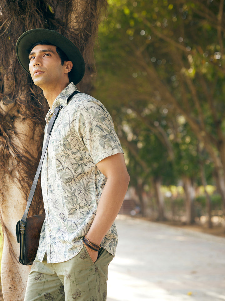 Green Floral Printed Linen Shirt-Men Shirts-Crimsoune Club
