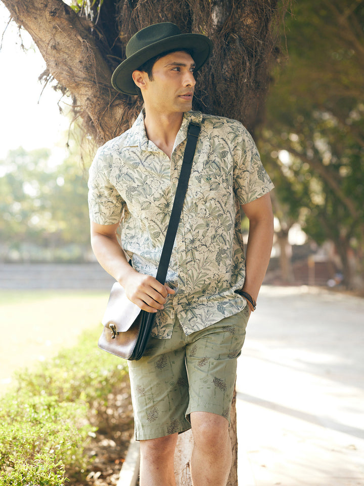 Green Floral Printed Linen Shirt-Men Shirts-Crimsoune Club