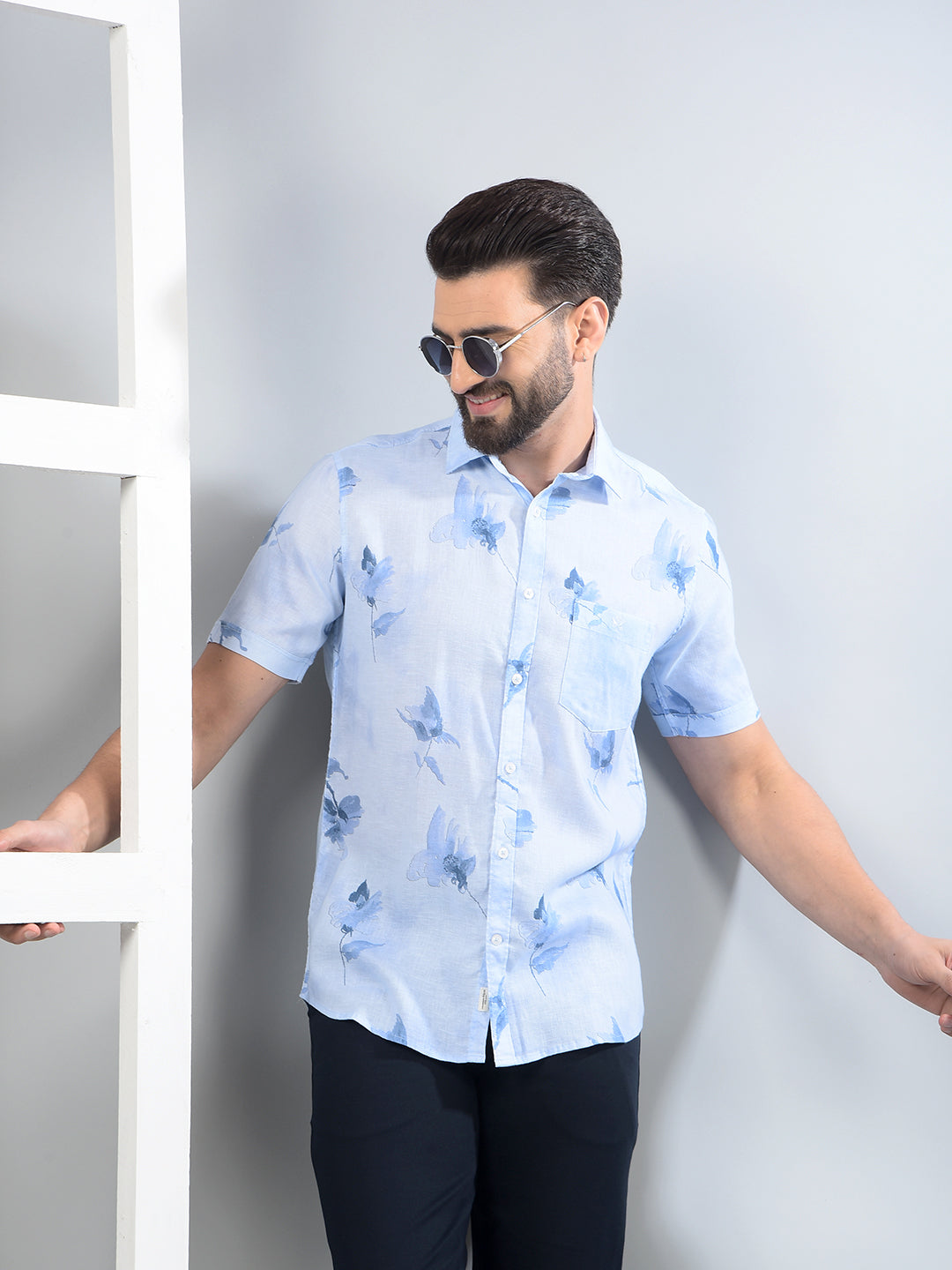 Blue Floral Print Linen Shirt-Men Shirts-Crimsoune Club