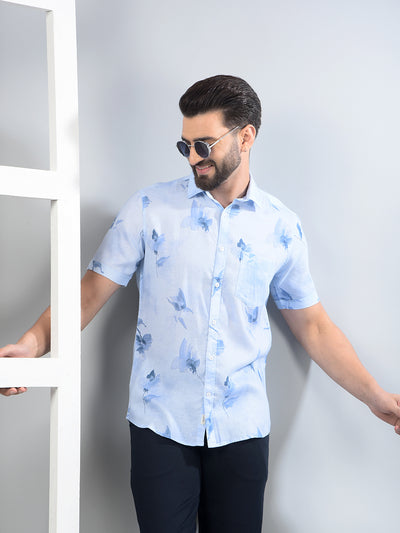 Blue Floral Print Linen Shirt-Men Shirts-Crimsoune Club