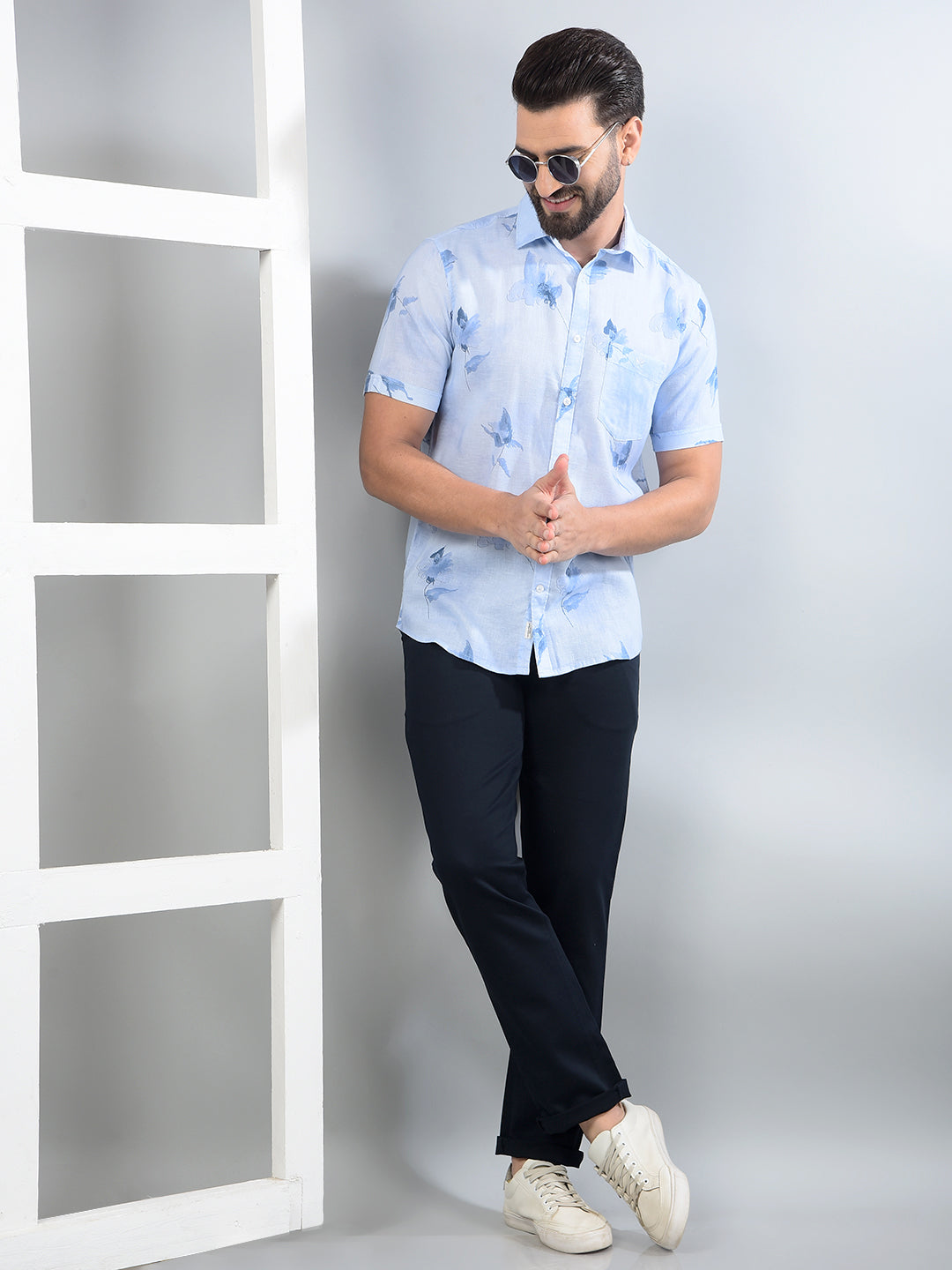 Blue Floral Print Linen Shirt-Men Shirts-Crimsoune Club