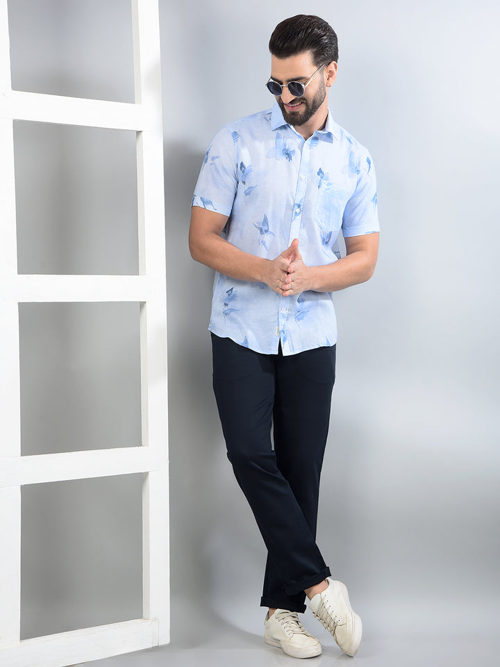 Blue Floral Print Linen Shirt-Men Shirts-Crimsoune Club