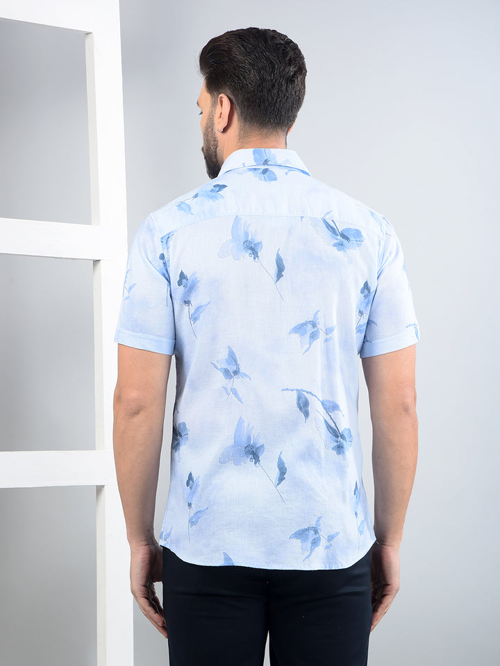 Blue Floral Print Linen Shirt-Men Shirts-Crimsoune Club