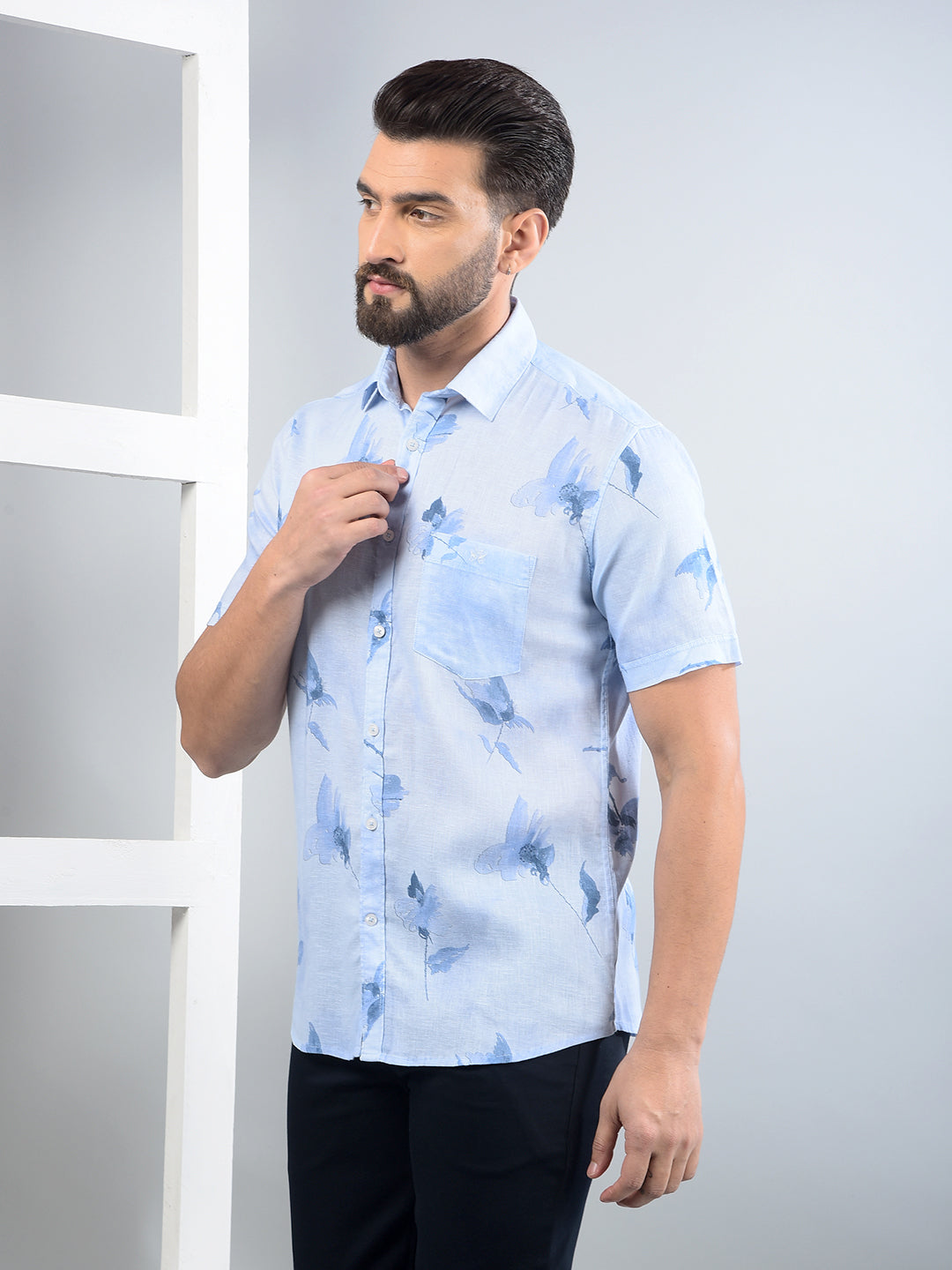 Blue Floral Print Linen Shirt-Men Shirts-Crimsoune Club