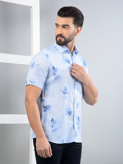 Blue Floral Print Linen Shirt-Men Shirts-Crimsoune Club