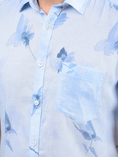 Blue Floral Print Linen Shirt-Men Shirts-Crimsoune Club