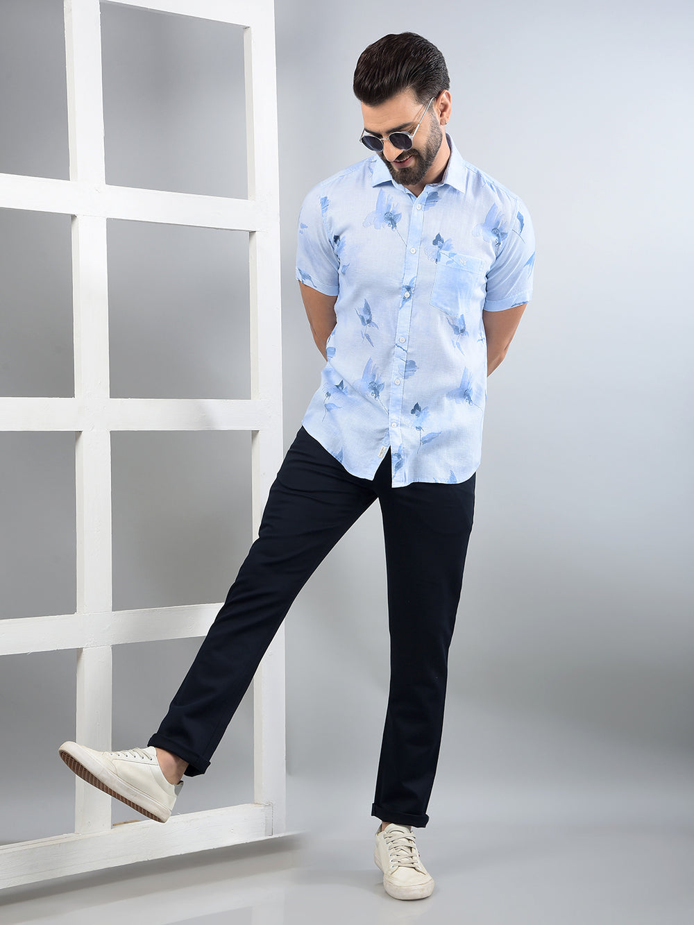 Blue Floral Print Linen Shirt-Men Shirts-Crimsoune Club