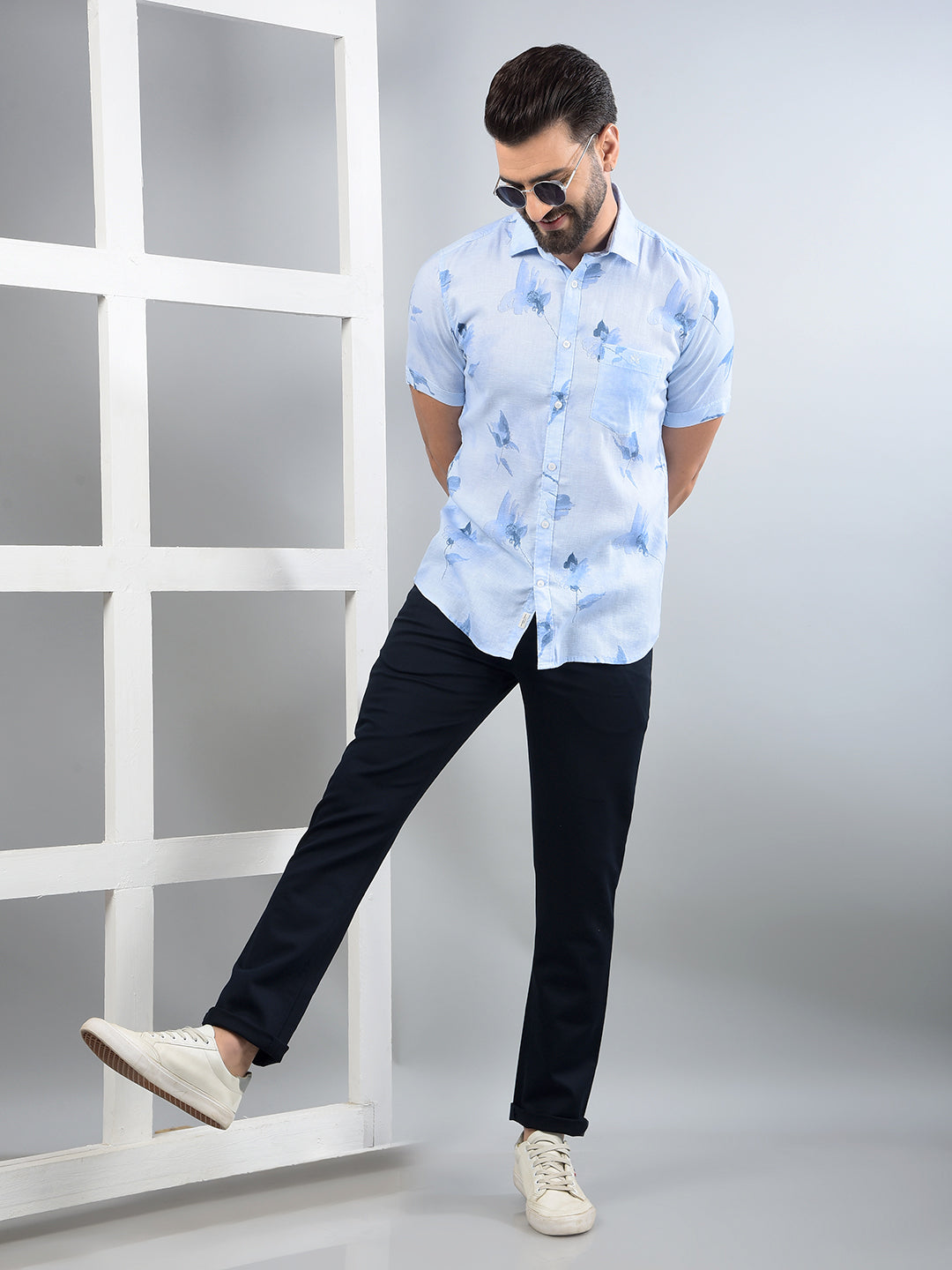 Blue Floral Print Linen Shirt-Men Shirts-Crimsoune Club