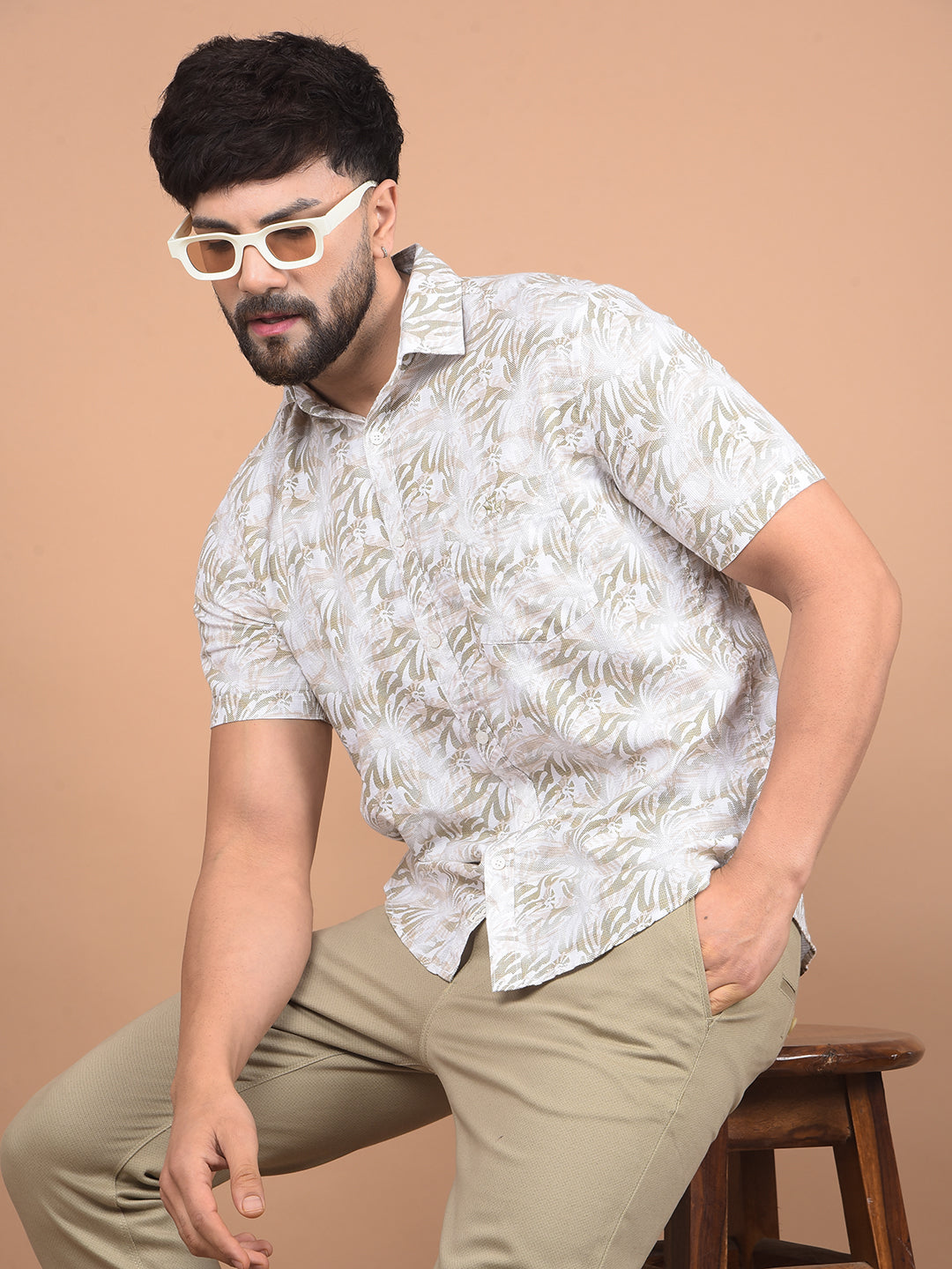 Olive Floral Print 100% Cotton Shirt-Men Shirts-Crimsoune Club