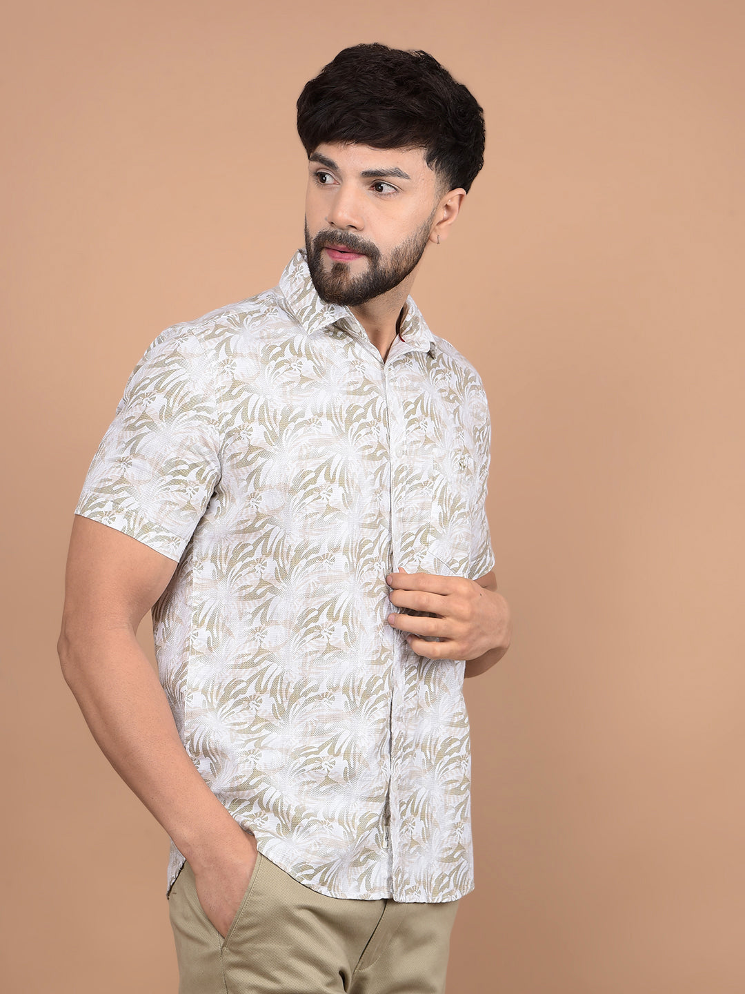 Olive Floral Print 100% Cotton Shirt-Men Shirts-Crimsoune Club