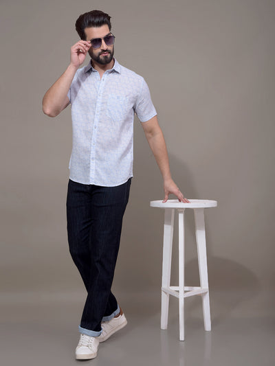 Blue Printed Linen Shirt-Men Shirts-Crimsoune Club