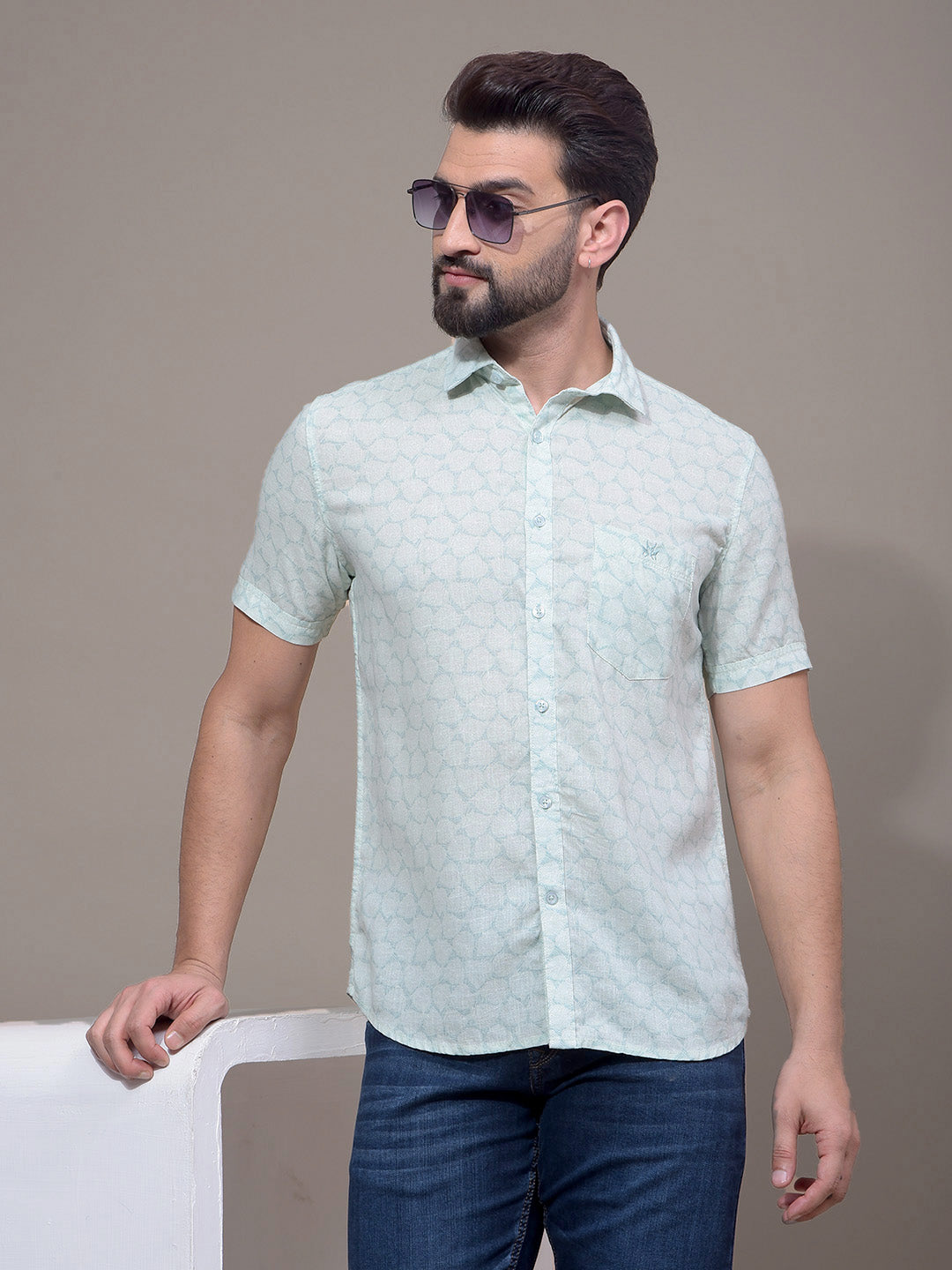 Green Printed Linen Shirt-Men Shirts-Crimsoune Club