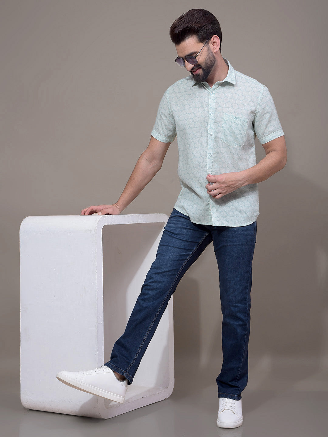 Green Printed Linen Shirt-Men Shirts-Crimsoune Club