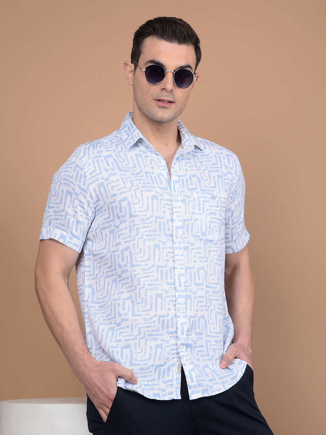 Blue Printed 100% Cotton Shirt-Men Shirts-Crimsoune Club
