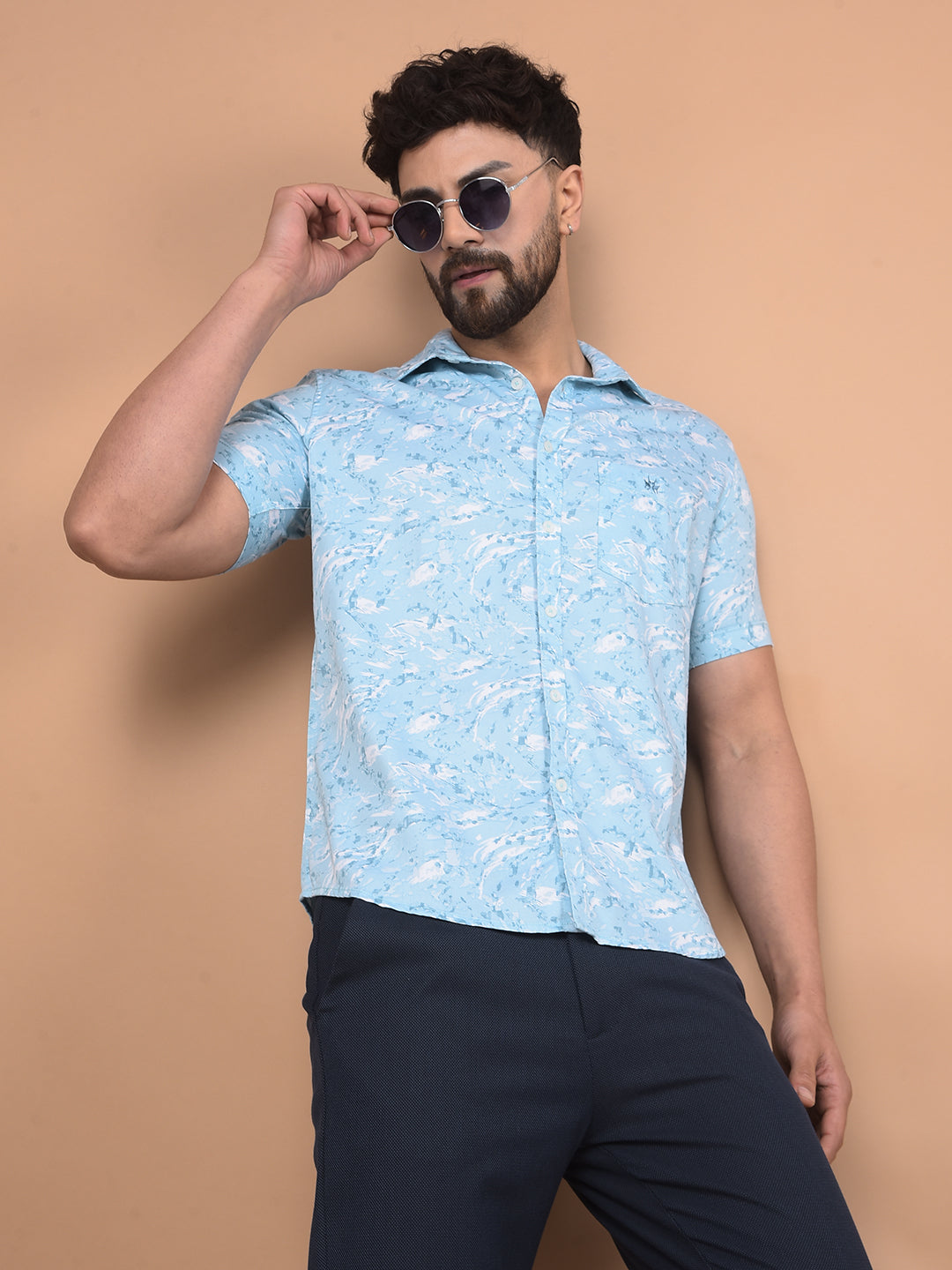 Blue Textured Print Shirt-Men Shirts-Crimsoune Club