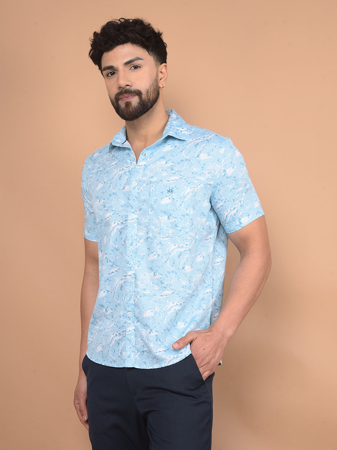 Blue Textured Print Shirt-Men Shirts-Crimsoune Club