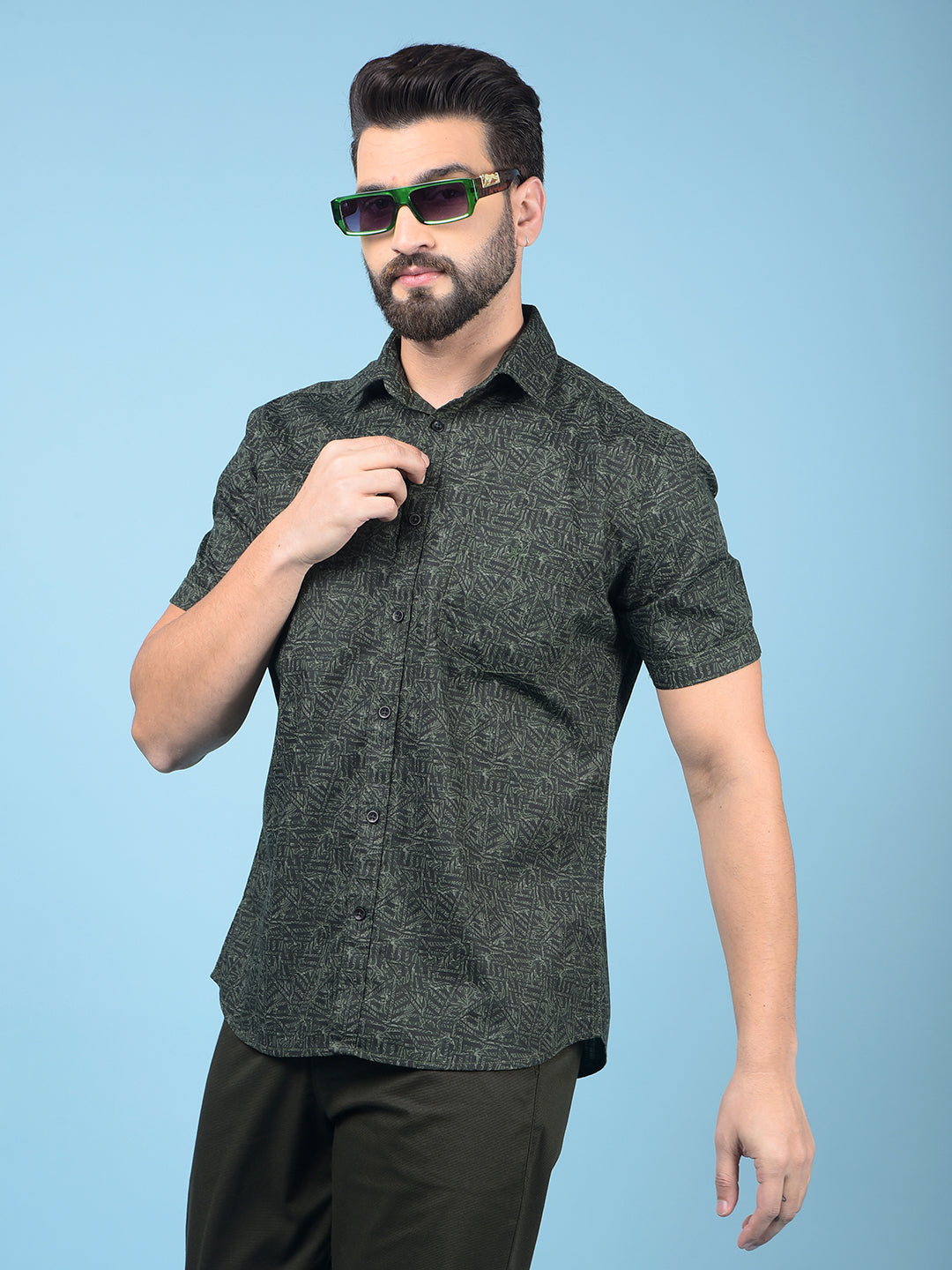 Green Printed 100% Cotton Shirt-Men Shirts-Crimsoune Club