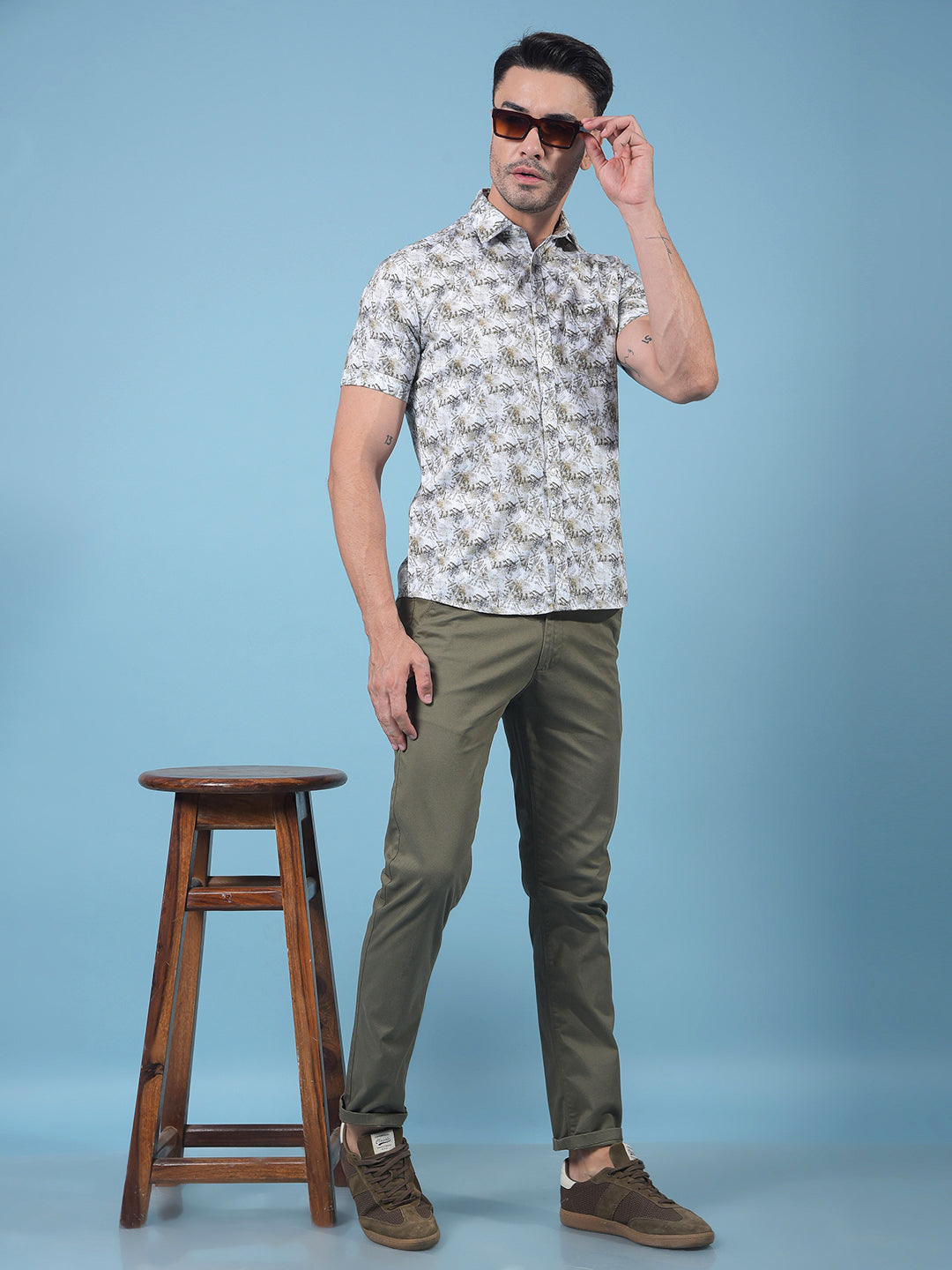 Grey Floral Print Linen Shirt-Men Shirts-Crimsoune Club