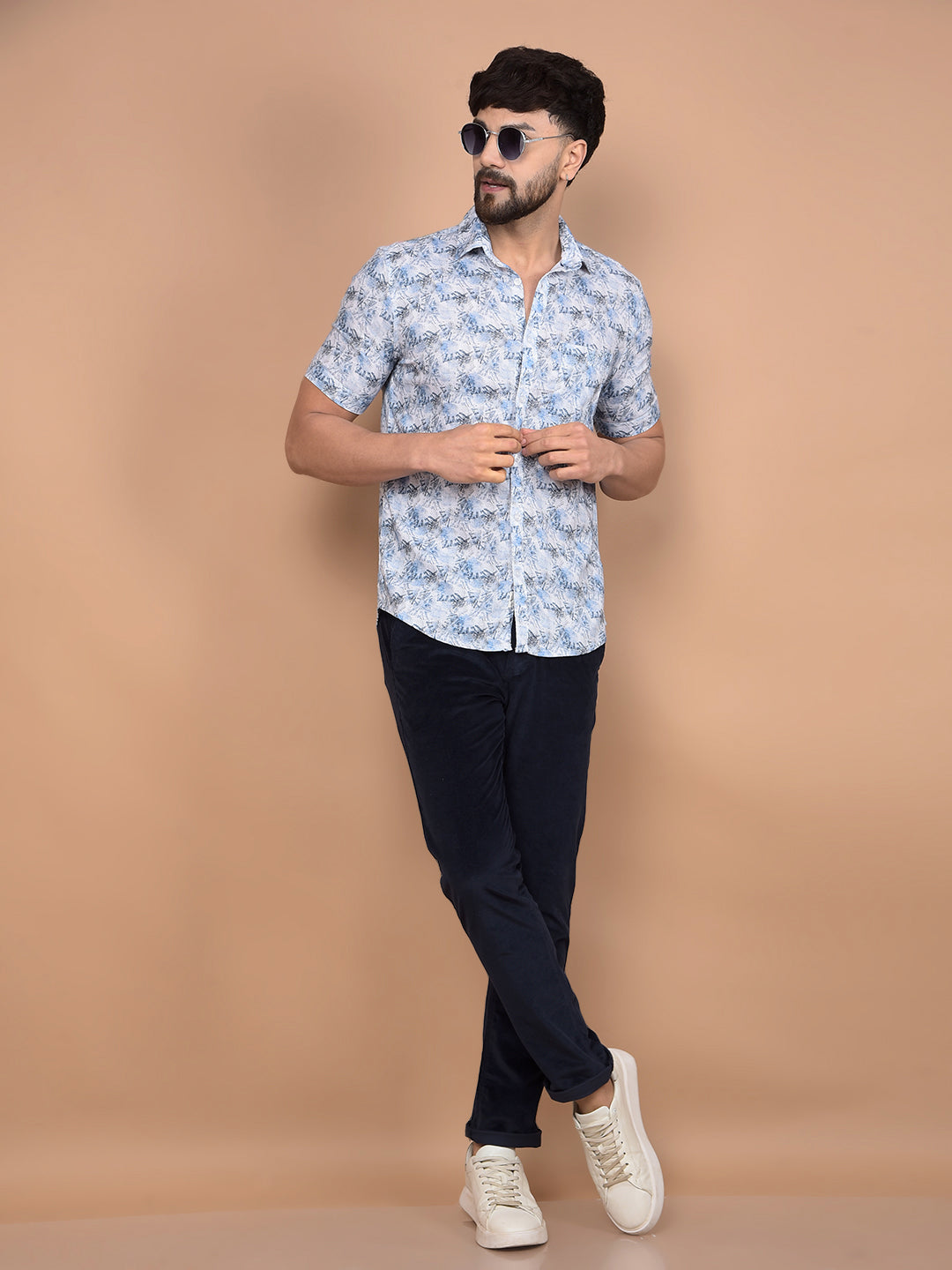 Blue Textured Print Linen Shirt-Men Shirts-Crimsoune Club