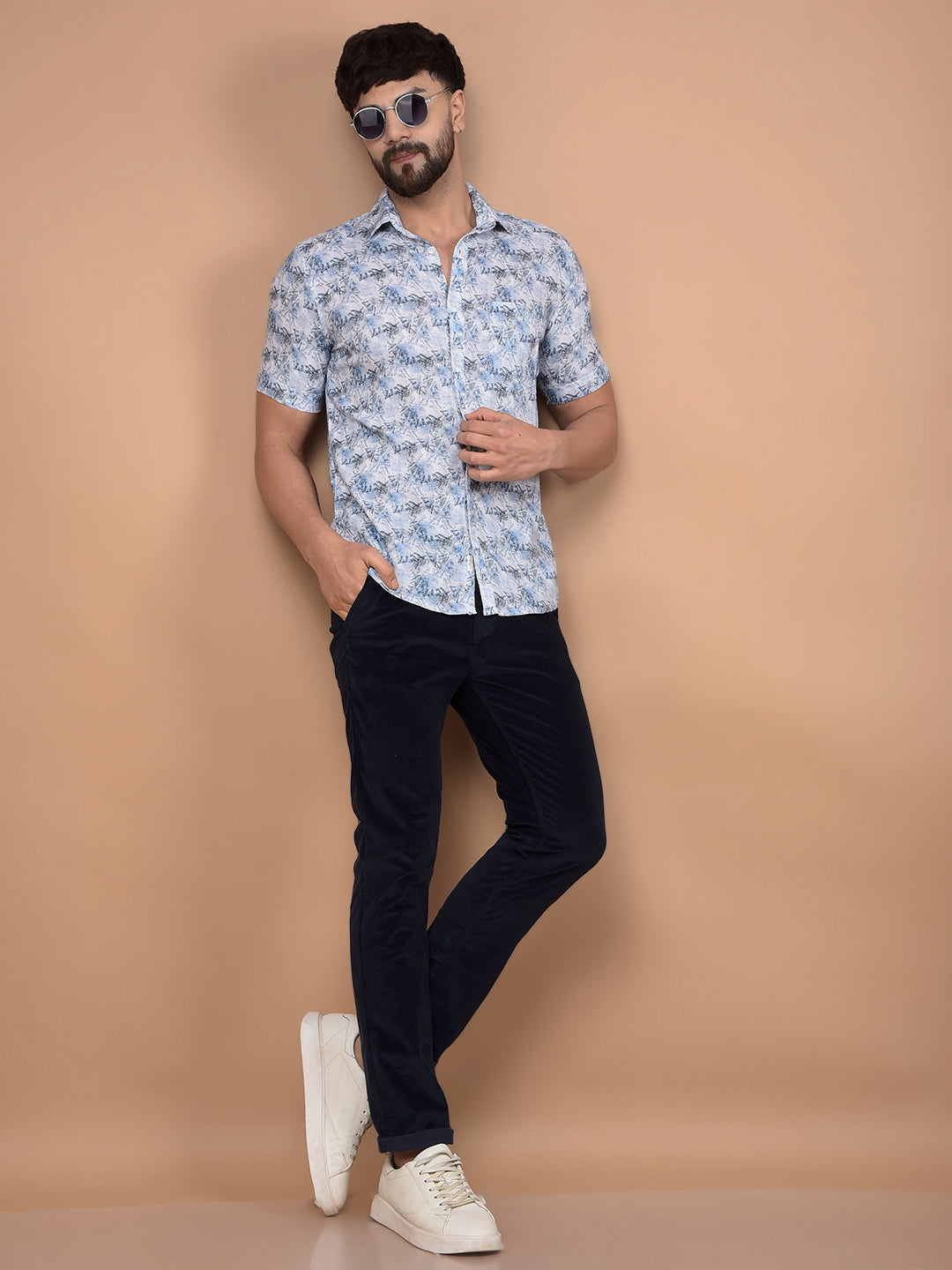 Blue Textured Print Linen Shirt-Men Shirts-Crimsoune Club