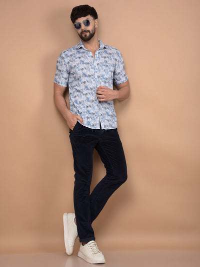 Blue Textured Print Linen Shirt-Men Shirts-Crimsoune Club
