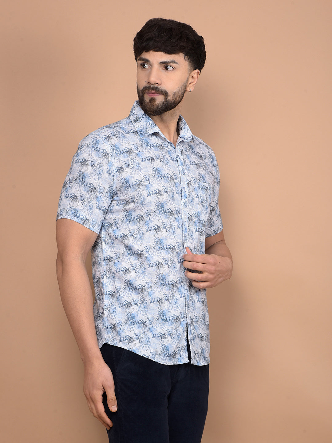 Blue Textured Print Linen Shirt-Men Shirts-Crimsoune Club