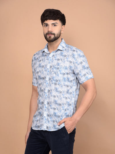 Blue Textured Print Linen Shirt-Men Shirts-Crimsoune Club