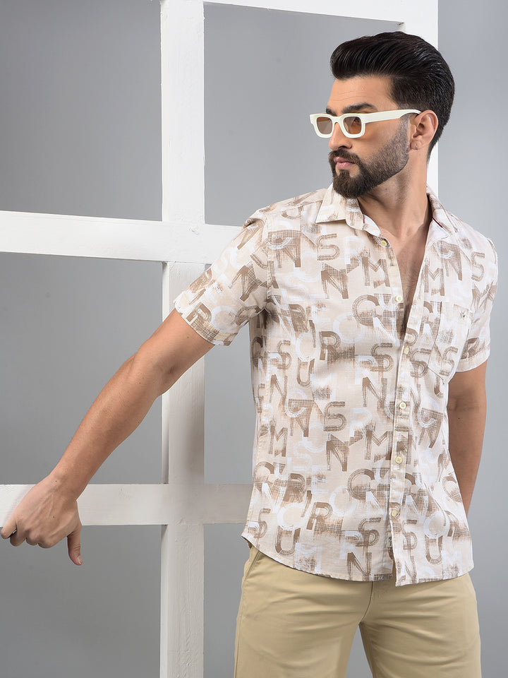 Beige Typographic Print Shirt-Men Shirts-Crimsoune Club