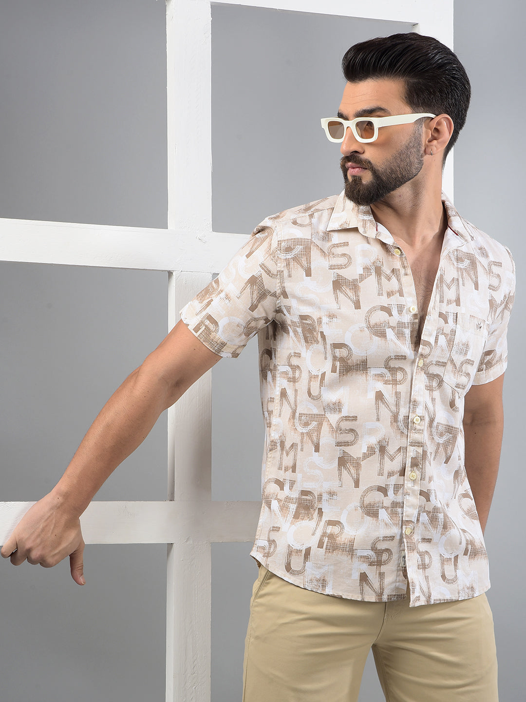 Beige Typographic Print Shirt-Men Shirts-Crimsoune Club