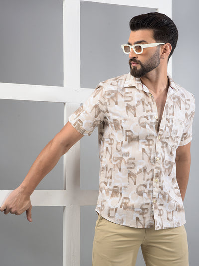Beige Typographic Print Shirt-Men Shirts-Crimsoune Club