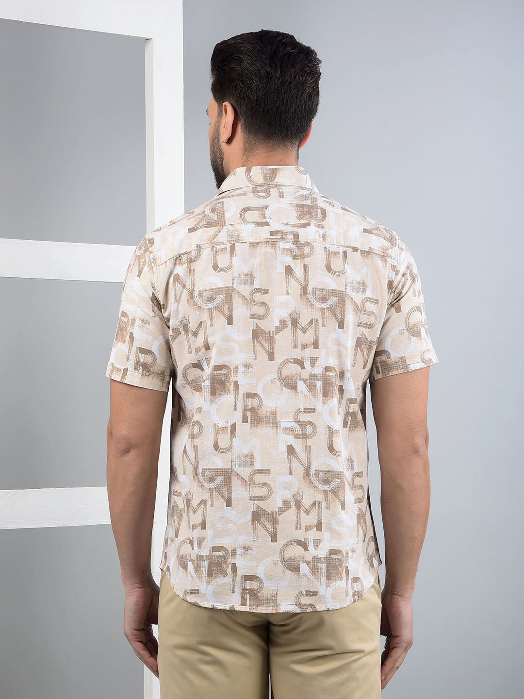 Beige Typographic Print Shirt-Men Shirts-Crimsoune Club