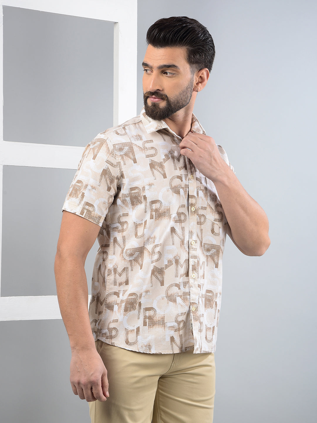 Beige Typographic Print Shirt-Men Shirts-Crimsoune Club