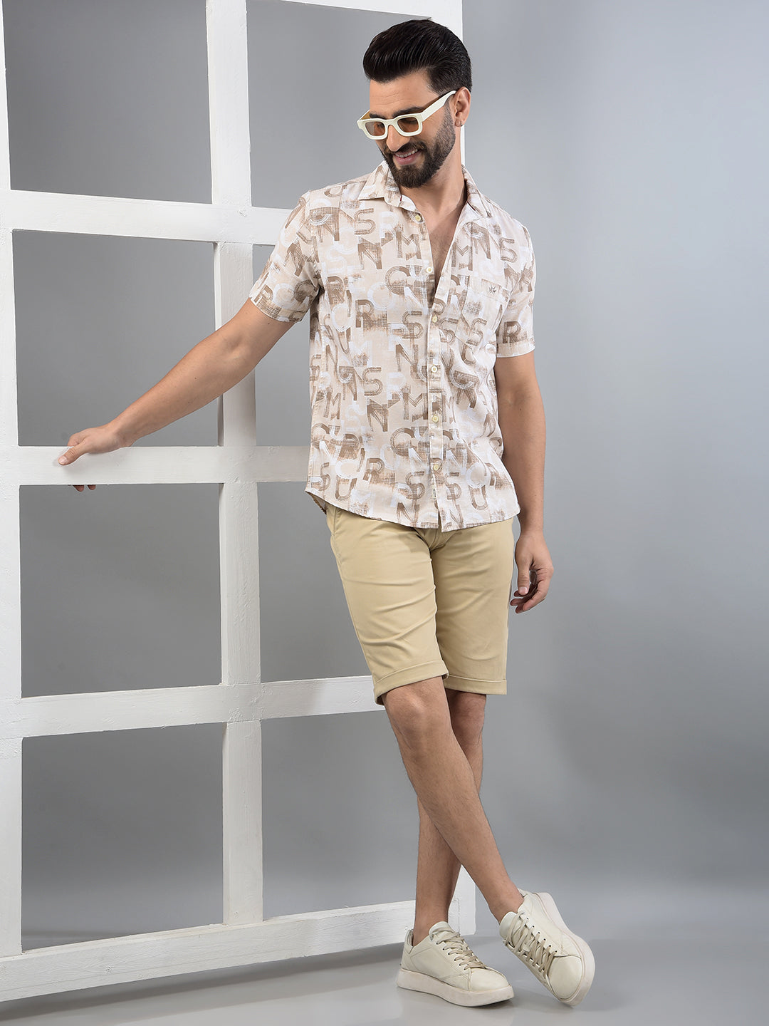 Beige Typographic Print Shirt-Men Shirts-Crimsoune Club