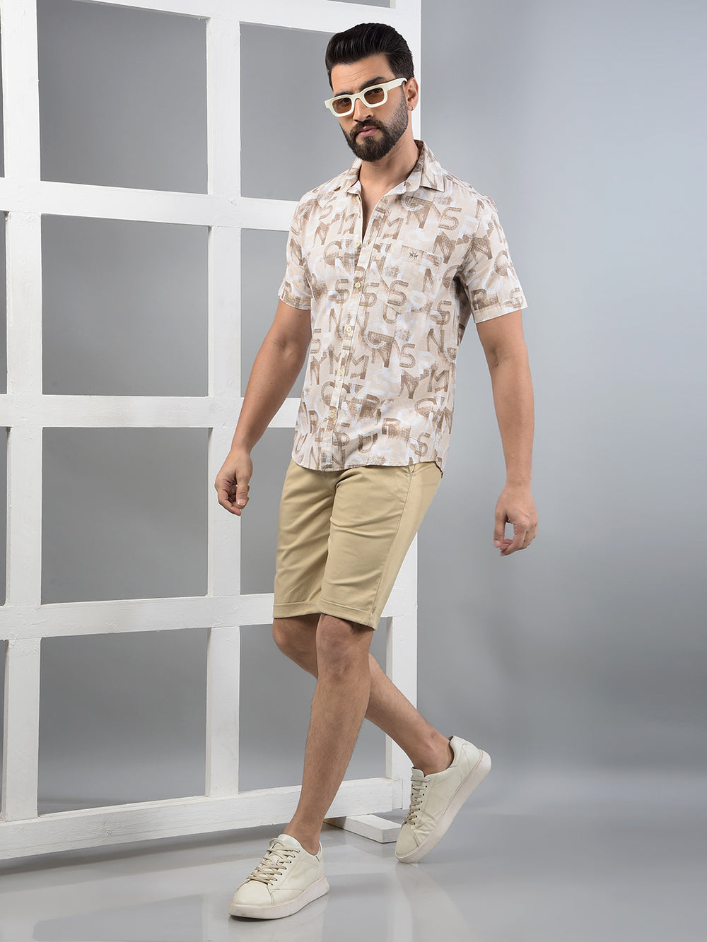 Beige Typographic Print Shirt-Men Shirts-Crimsoune Club