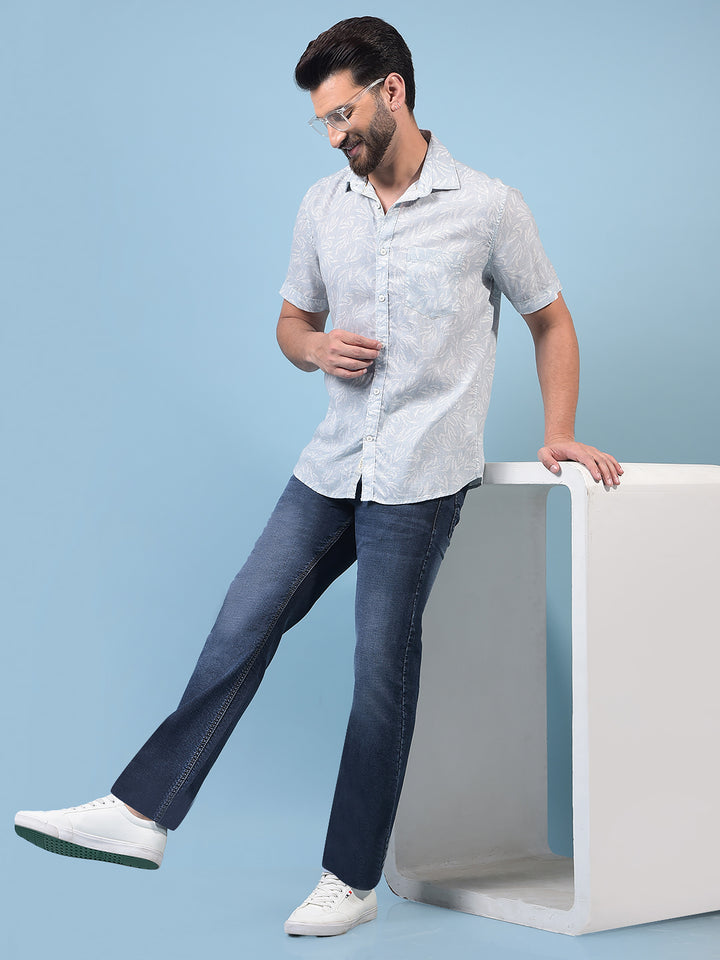 Men's Green Floral Print Linen Shirt-Men Shirts-Crimsoune Club