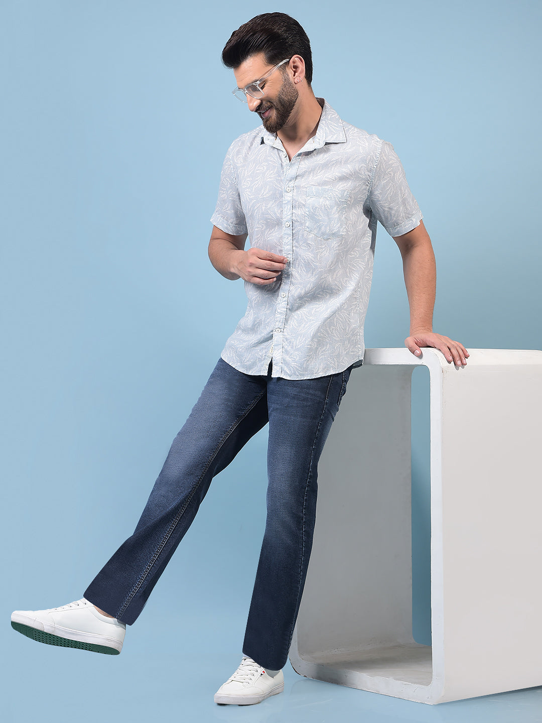Men's Green Floral Print Linen Shirt-Men Shirts-Crimsoune Club