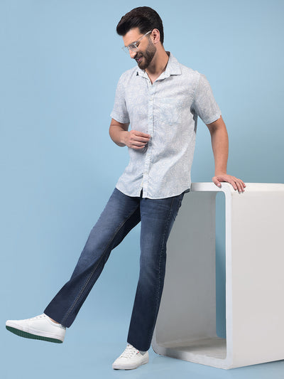 Men's Green Floral Print Linen Shirt-Men Shirts-Crimsoune Club